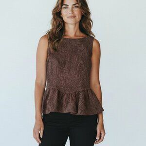 ZARA Chocolate Brown Textured Crinkle Peplum Top Sleeveless Boat Neck New Size M